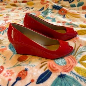 Forever Red Patent Peep Toe Wedges
